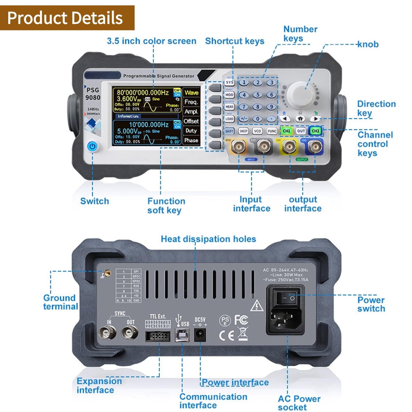 PSG9080 Programmable DDS Signal Generator 80MHz Dual Channel Arbitrary Waveform Function Generator Frequency Meter 300 MSa/s Counter High Precision 3.5inch Screen for Industrial Debugging