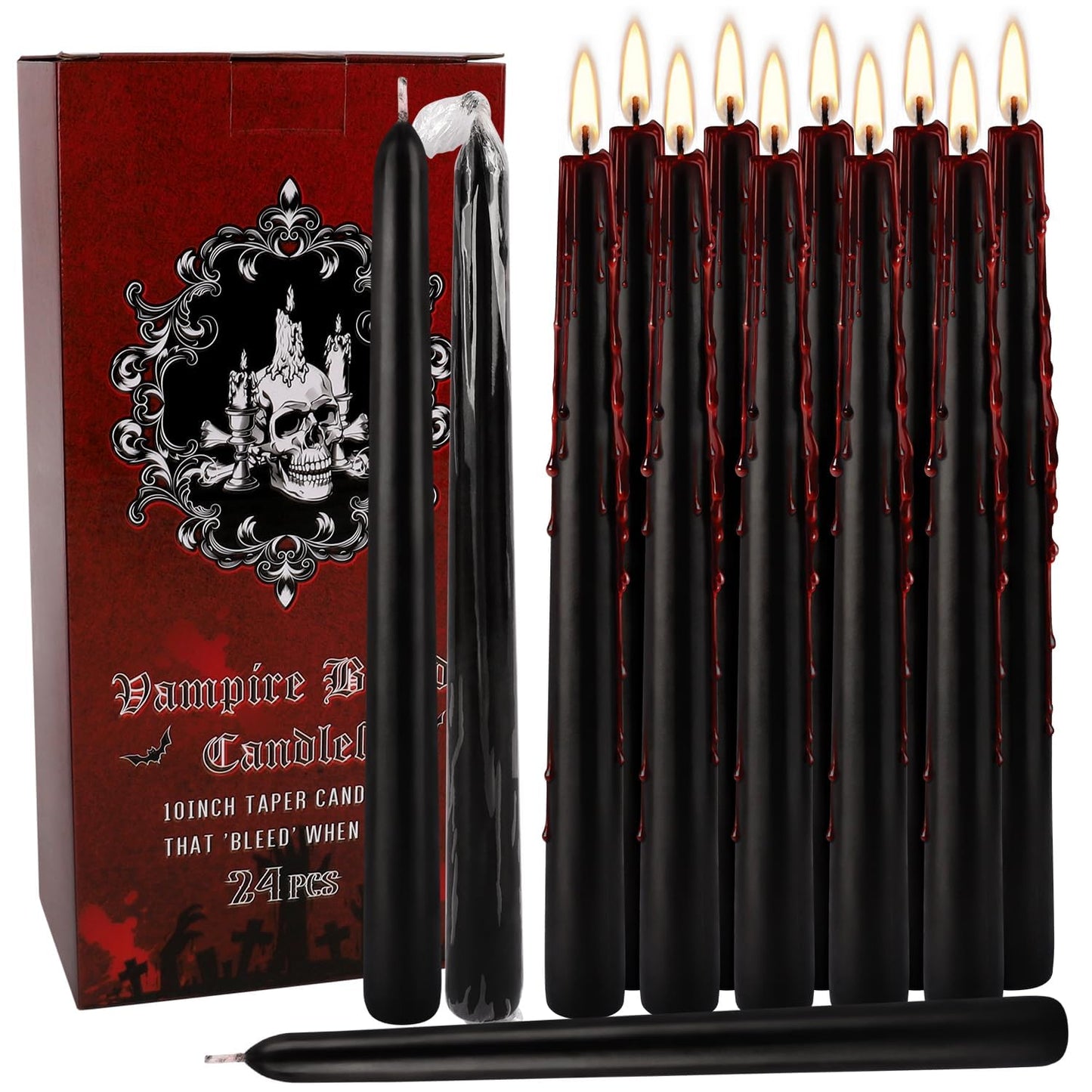 24 Pcs 10 Inch Vampire Blood Taper Candles Vampire Blood Candle, Ritual Spell Unscented Candle Halloween Spooky Decor for Haunted House, Gothic Theme Party.