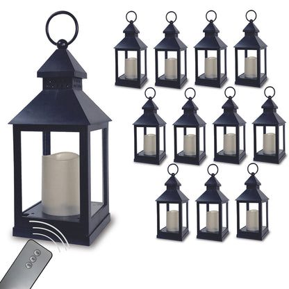 Black Decorative Lanterns Set of 12 – 11" LED Flameless Candle Lanterns with Remote & 4 Hour Timer – Indoor Outdoor Hanging Lanterns for Patio, Porch, Wedding, Pathway Decor