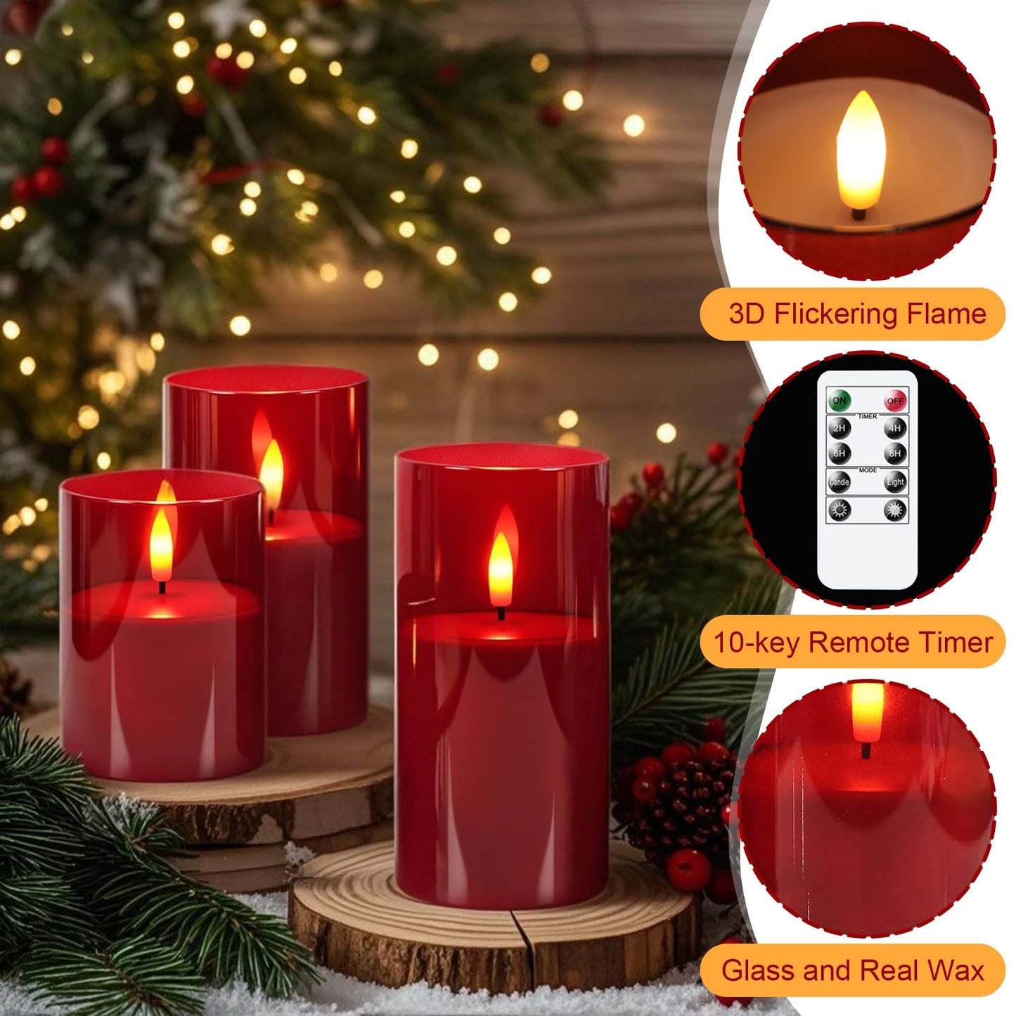 GenSwin Glass Flameless Candles with Remote Battery Operated Flickering LED Pillar Candles Real Wax 3D Wick for Wedding Festival Home Decoration(Red,Pack of 3)