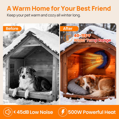 500W Dog House Heater with Thermostat, 24H Timer & Smart 40-115°F Adjustable Pet House Heater, 9.8FT Chew-Proof Cord, Kennel Heaters, Chicken Coop Heaters, Cat & Outdoor Animals