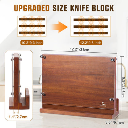 ENOKING Magnetic Knife Block with Acrylic Shield 12 x 9 Inches, Double Side Kitchen Knife Holder without Knives- Acacia Wood Universal Knife Storage Organizer with Powerful Magnet for Kitchen Counter