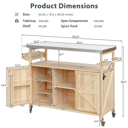 ABBSR Outdoor Grill Cart with Stainless Steel Top, BBQ Grill Prep Table with Cabinet, Wood Rollling Outside Kithen Island with Storage for Outdoor Cooking Garden Patio Backyard Parties(Natural)