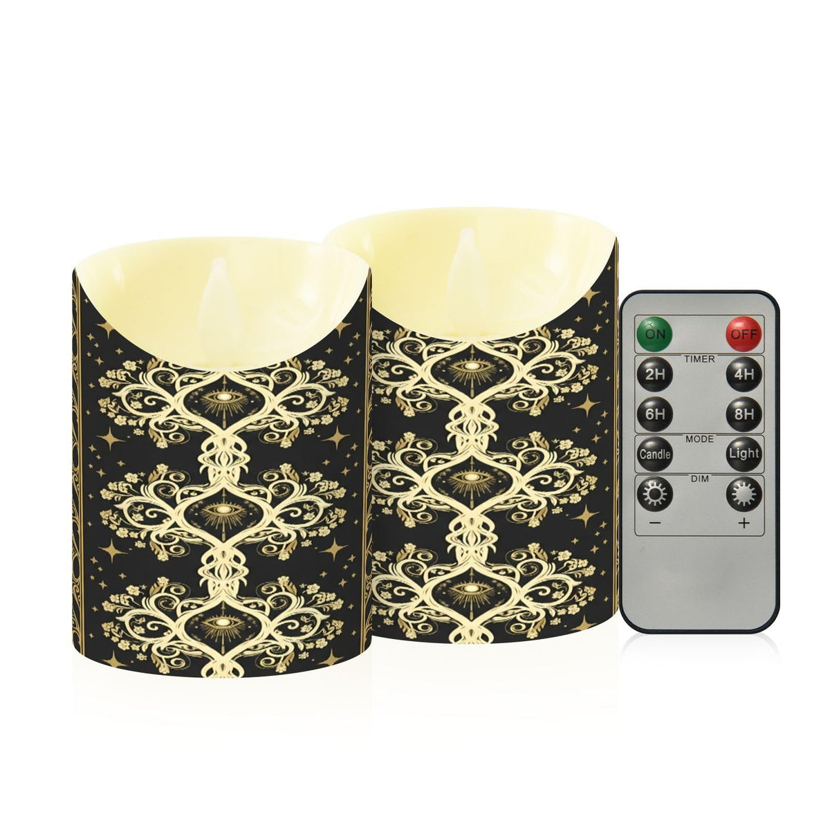 Gravopti Occult Baroque 2 Pack Flameless LED Pillar Candles with Remote & Timer, Battery Operated, Flickering Wax Candle for Wedding, Romantic Home & Party Decor