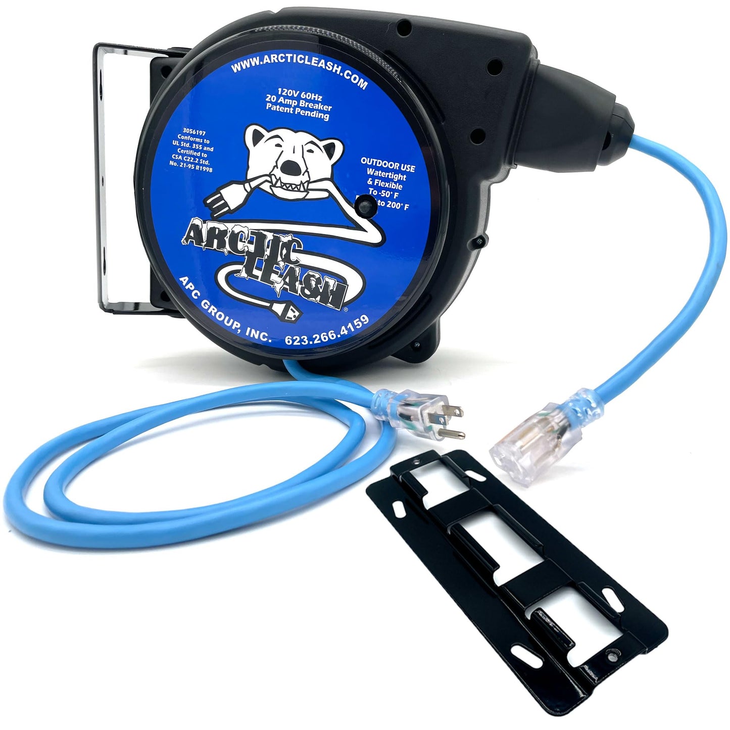 ARCTIC LEASH Outdoor Extreme Cold Weather Retractable Extension Cord Reel – 70 ft Heavy-Duty 12/3 SJEOOW Cable with 20A Resettable Breaker, 180° Swivel Mount, Retractable to -60°F, AL-702012-F