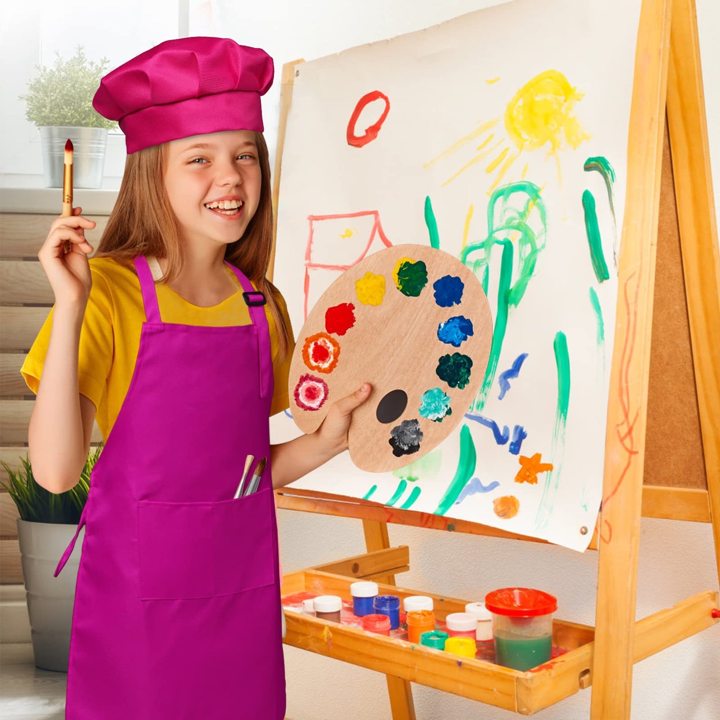 yarachel Kids Apron and Chef Hat Set - 8 Pieces Waterproof and Adjustable Child Aprons with Pockets Kitchen Bib Aprons for Boys and Girls Kitchen Cooking Baking Painting (Medium, Color 2)
