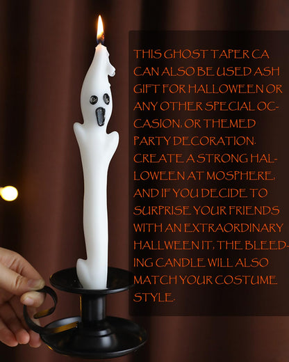 10inch Ghost Taper Candles White Tall Taper Candle with Decorative Candlestick for Halloween Table Decorations,Set of 2