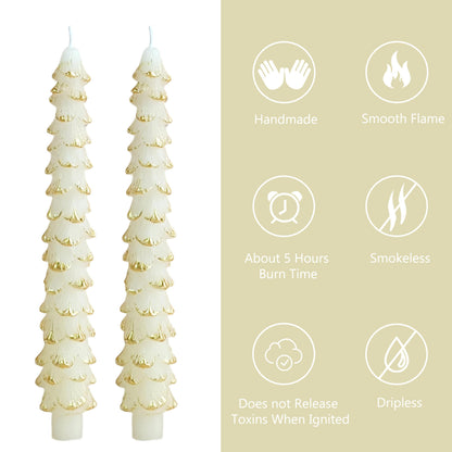10 Inch Christmas Tree Taper Candles Set of 2, Handmade Unscented White Gold Tapered Candles Dinner Candles for Candlestick Holders, Holiday Wedding Table Decor