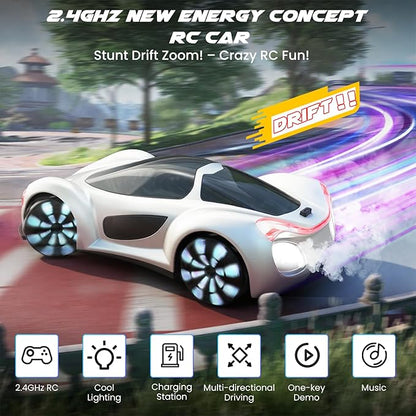 SIMREX Gesture Sensing Remote Control Car with Charging Dock - 360° Rotate Drift RC Stunt Car Toy 40 Min Playtime Dual Control Spray Mist &amp LED Lights Birthday Gift for Kids Boys Girls（White）