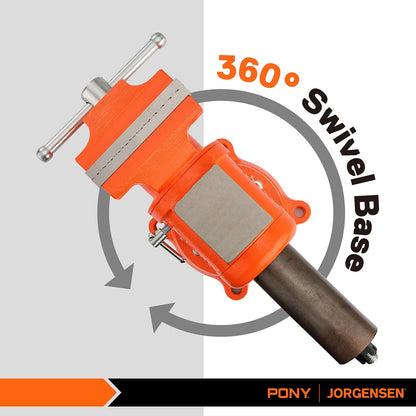 PONY Heavy Duty Bench Vise, 5-inch Jaw Width and Opening, 360-Degree Swivel Base With Anvil, Utility Combination Pipe Home Vise for Woodworking, One-Pair Vise Jaw Pad Included