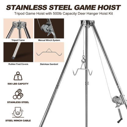 Deer Game Hoist Tripod Hanger Rack with Gambrel and Manual Winch 500 lb Capacity for Hunting, Deer Hanger for Skinning, Heavy Duty Game Hoist for Elk, Bear, Hogs, Goat, Shark, Tuna - Stainless Steel