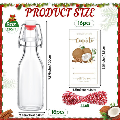 Havawish 16 Pcs Merry Christmas 8 oz Coquito Swing Top Glass Bottles with Airtight Cap Lids Labels Clear Flip Top Bottles with Stoppers for Homemade Christmas Home Brewing Beer Beverages(Coconut)