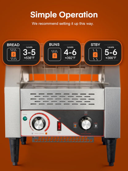 Commercial Conveyor Toaster, 350 Slices/Hour Electric Stainless Heavy Duty Restaurant Toaster, with Dual Heating Tube, 7 Browning Levels, for Bagel, Restaurant, Bakery Cafe, Silver