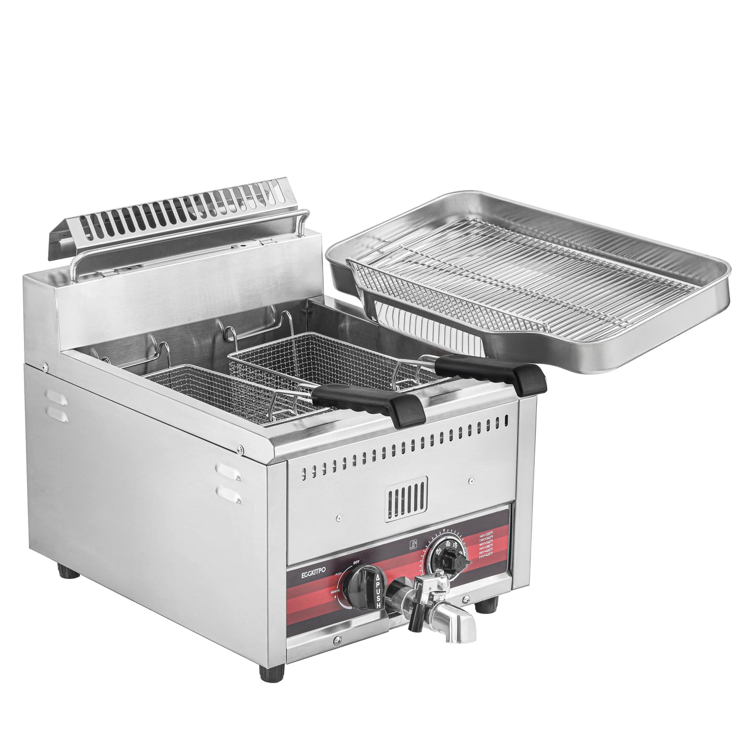 EGGKITPO 45.6LB Commercial Propane Gas Fryer with ignition 22200 BTU/h 2 Baskets Stainless Steel Oil Drain Rack Flat Lid Countertop Deep Fryer with Temp Control and Valve for Food Truck Restaurant