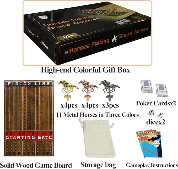 HOROW Horse Racing Game - Wooden Horse Race Board Game with 11 Luxury Metal Horses 2 Dice and 2 CardsFast-Paced Strategic for Family Night and Party - Perfect Birthday&ampHoliday Gifts
