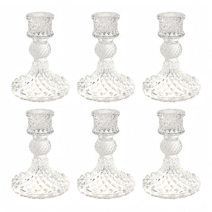 ECHFSM Glass Candlestick Holder,Striped Taper Candle Holders,Set of 6 Candle Stand for Table Centerpieces, Home Decor,Weddings,Festival and Parties (Clear Dimond Pattern)