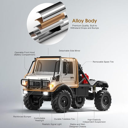 RC Truck 1/18 RC Semi-Trucks MN-333 Unimog Off-Road Rock Crawler 4WD Remove Control Truck RTR Transport Car Alloy Model for Modification Enthusiasts Gifts (Silver)