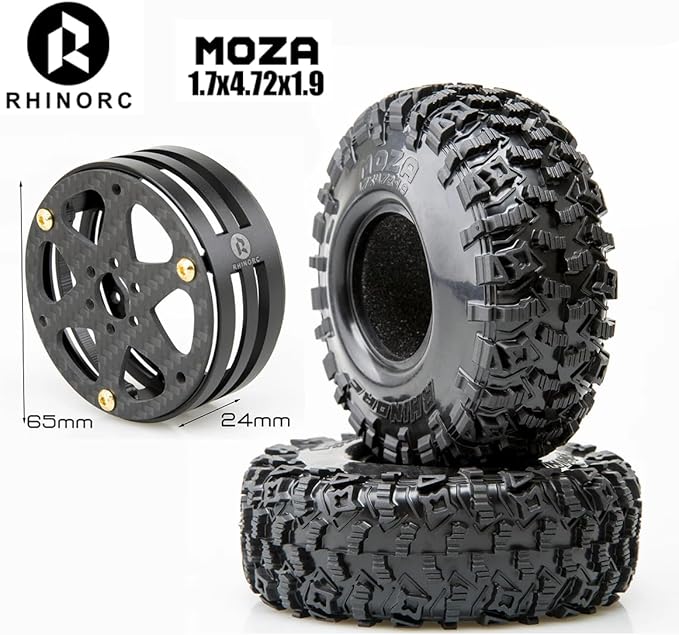 RhinoRC MOZA 1.9inch Competition Tires Super Sticky with Narrow Carbon Fiber Aluminum 2.2 inch Wheel Rim N2401 for Pro and Sporty Class 1/10 RC Crawler Car (1.9inch 4pcs)