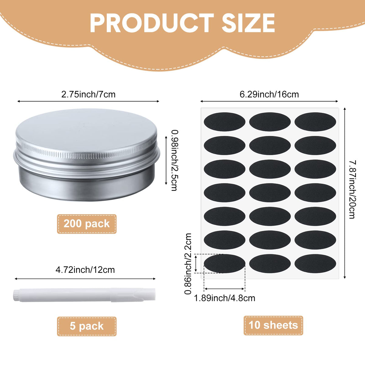 Zubebe 200 Pack Metal Tins with Lids Bulk Screw Top Aluminum Tin Containers Round Tin Cans for Cosmetic Lip Balm DIY Salves Candles Wax with 5 Markers 10 Sheets Label Stickers (Silver,2 oz)