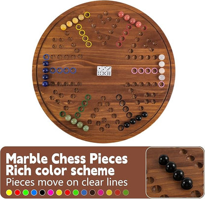 Circular Large Marble Board Game with Double-Sided Painted Wooden Fast Track Board Game with 24 Marbles 6 Dice4-Player Game 6-Player Game Universal Original Natural Marble (Burnt Color)