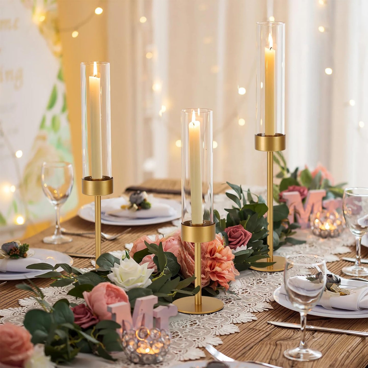 Glass Hurricane Candle Holders Set of 3-Gold Metal Base Taper Candle Stick Holders for CandlesticksHolder Decor, Elegant Dining Table Centerpiece for Wedding, Christmas & Home Decor
