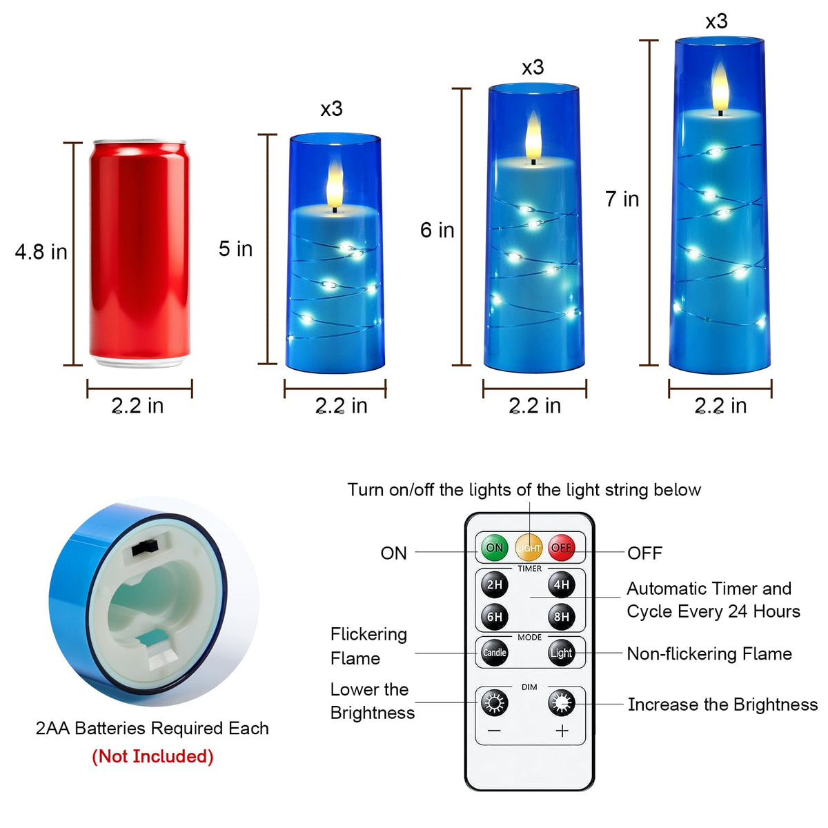 Raycare Independence Day Flameless Candle with Remote Timer – 9 Flickering Acrylic Battery Operated LED Pillar Candles with Embedded Star String for 4th of July Home Patriotic Decor, as a Gift (Blue)