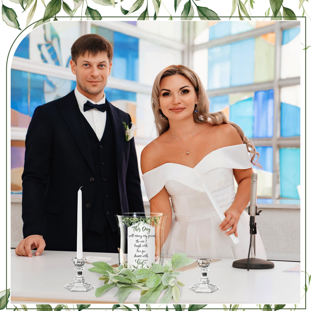 Irenare Unity Candles with Holder for Wedding Ceremony Wedding Decortions Accessories Glass Candle Holder Pillar Candle for Formal Events Church(Green Leaf)
