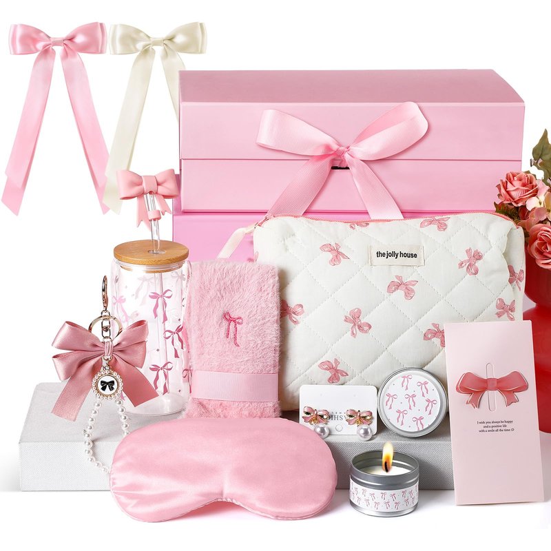 Skylety Pink Bow Gift Baskets for Teen Girls, Women Mothers Day Gifts Trendy Stuff Coquette Bow Teen Girl Birthday Self Care Box Gift for Her, Sister Friend Women Sweet 16th 18th 21st Box