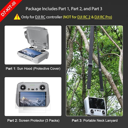 Sun Hood Kit for DJI Mini 3/3 Pro RC Controller Accessories - Anti-Glare Sun Shade Cover Screen Protector and Neck Lanyard