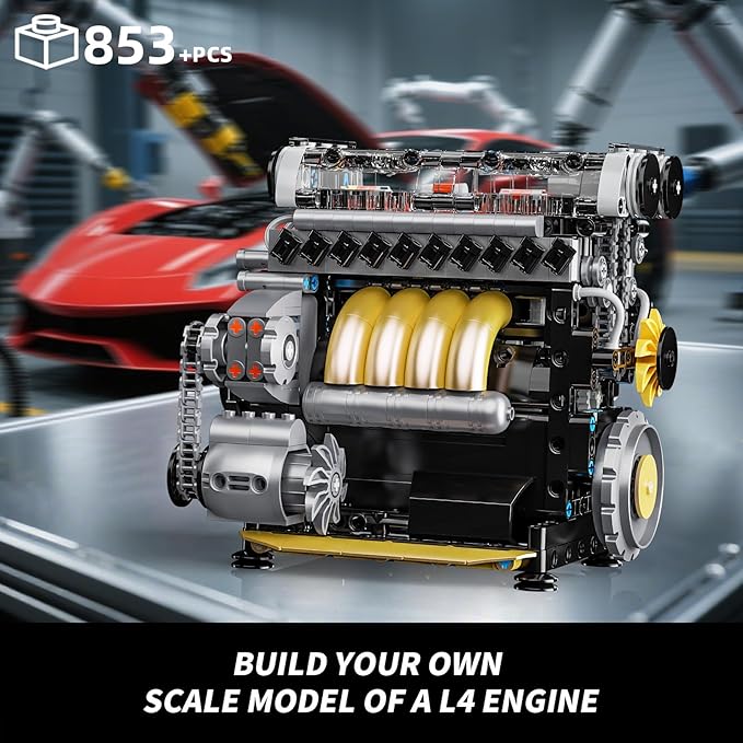 L4 Engine Building Sets for Adults MOC Inline 4-Cylinder Mini Car Motor Model Kit That Runs DIY STEM Toy Gift for Teens 14+ (853 PCS)