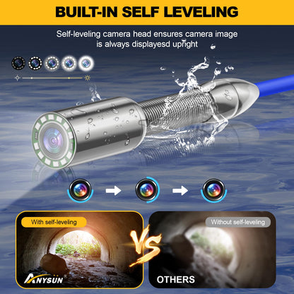Anysun Self-Leveling Sewer Camera with Distance Counter, 0.28in/7mm Diameter 165ft Cable, 9'' 1080P IPS Screen, Pipe Inspection Camera with DVR Recording-32GB