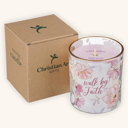 Christian Art Gifts Walk by Faith Scented Candle: Soy Wax, Pure Essential Oils, Aloe & Bamboo Scent, Bible Verse, Floral Design Glass Jar, Encouragement Gift for Women, 40 Hours Burn Time