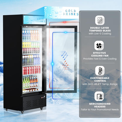 Ferueo Commercial Beverage Refrigerator, 15 Cu.ft.Display Fridge Glass Door Upright Display Door with Adjustable Shelves LED Light for Restaurant,Grocery Stores,Office