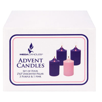Mega Candles 4 pcs Unscented Christmas Advent Candles Set, Hand Poured Premium Wax Bell Top Round Pillar Candle 2 Inch x 3 Inch, Holidays, Festivities, Devotional, Church, Wreath, Party, Gifts