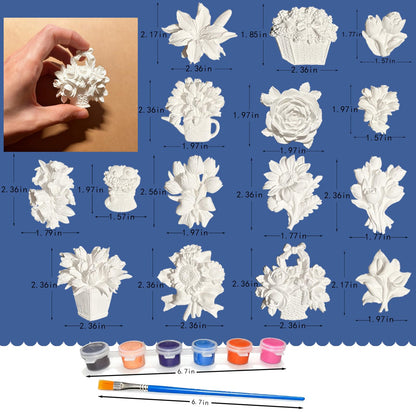 15 Pcs Plaster Painting Kit for Adults & Teens, DIY Flower Magnets to Paint with Embedded Magnets, Ceramic-Like Craft Kit with Acrylic Paints & Brushes, Fridge Magnet Decor & Car Diffuser Stone
