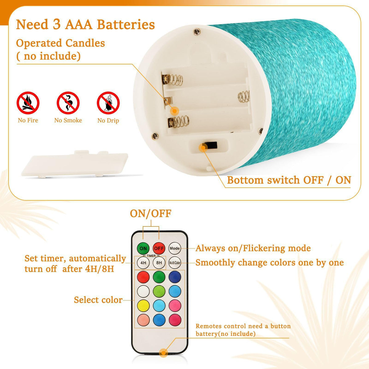 Flameless Candles Battery Operated Teal Turquoise Glitter Flickering Led Pillar Candles With Remote Control Blue Texture Print Colour Changing Warm Light Candles For Wedding Halloween Christmas
