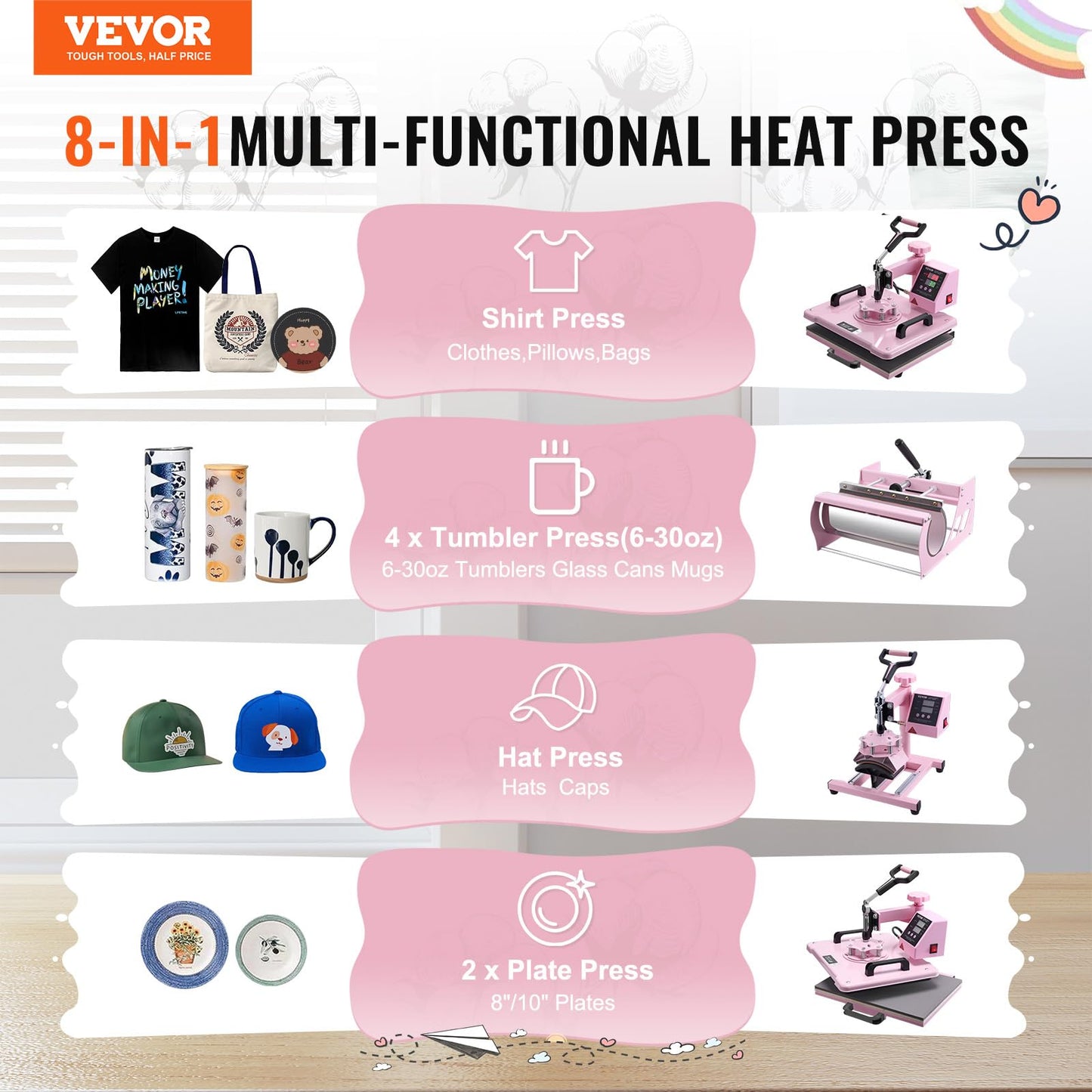 VEVOR Heat Press Machine 5 in 1 Combo with 30 OZ Tumbler Press & Hat Press, Slide Out 12x15 Inch Heat Press Sublimation Machine for T-Shirts, Hats Caps Tumblers Glass Cans Mugs, and Plates (Pink)