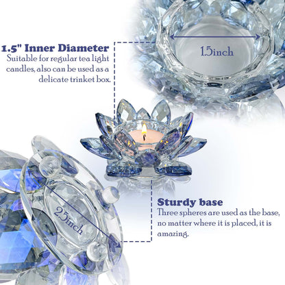 Kolnlala Crystal Lotus Flower Tealight Candle Holders/Glass Tea Light Candlestick Decor Decoration for Christmas Home Wedding Party… (Blue 2pcs)