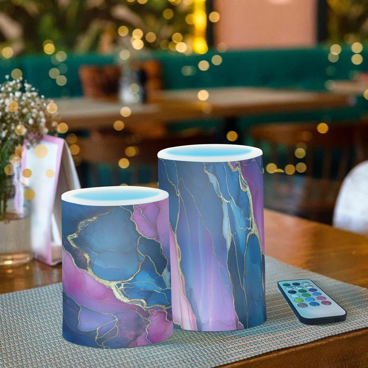 Zathe Flameless Pillar Candles Remote Control Flameless Candle Lantern for Table Marble Navy Blue Hot Pink