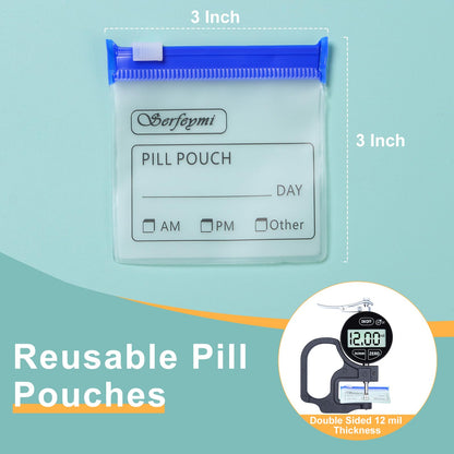 Serfeymi 32 Pcs Zippered Pill Pouches Organizer Plastic Bags 3 X 3 Inches 12 mil Self Sealing with Slide Lock Writable Label Translucent Travel Medicine Storage Bag Case and 1 Pc Marker-Blue