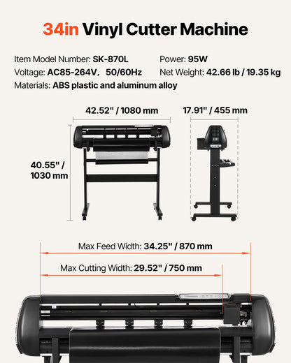 VEVOR Vinyl Cutter Machine, 34 inch Max Feed Width, Dual Blades, Adjustable Force and Speed, LED Display, Vinyl Plotter Cutter Printer Bundle with Sticker Sheets, Transfer Film, Signmaster Software
