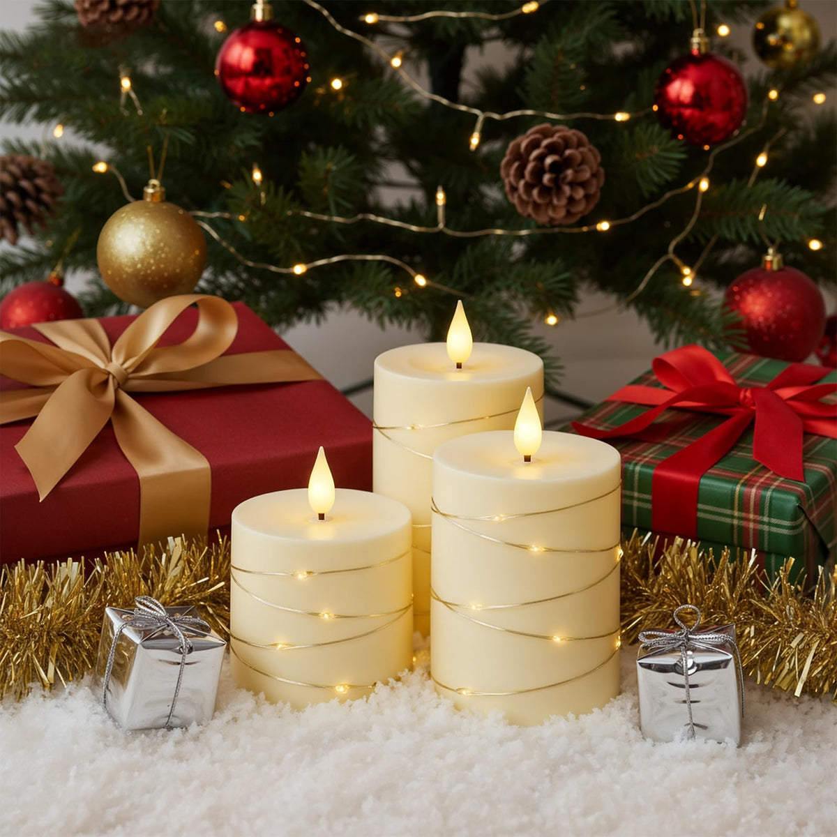 Raycare Flameless Candles with Remote Timer, Flickering Battery Operated LED Pillar Fake Candle with String Lights for Home Decor, Christmas, Wedding and Gift, Ivory, Set of 3