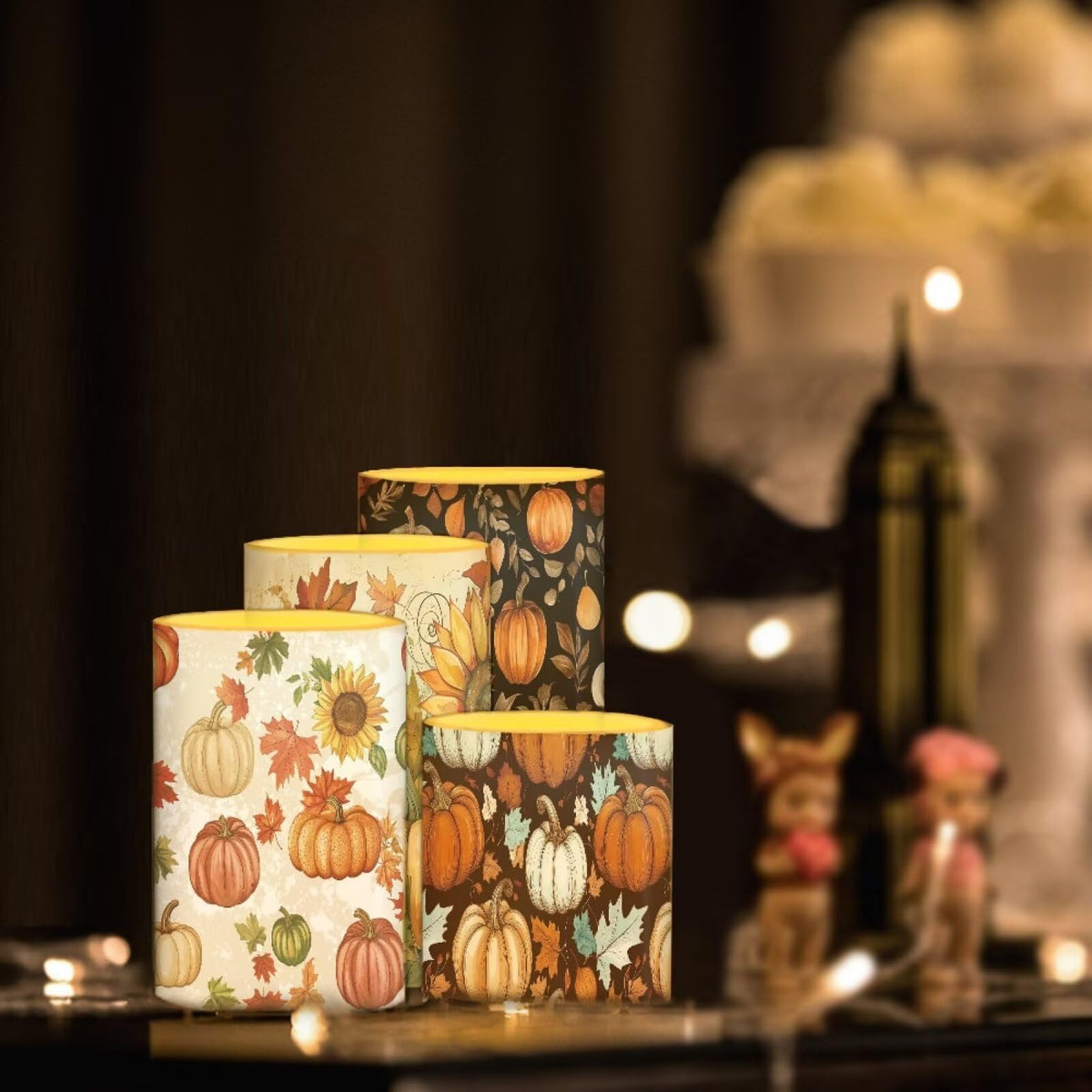NETILGEN Fall Harvest Pumpkins Print Flameless Electric LED Pillar Candles Lamps with Remote Timer Control Long Lasting for Thanksgiving Day Home Party Set of 4