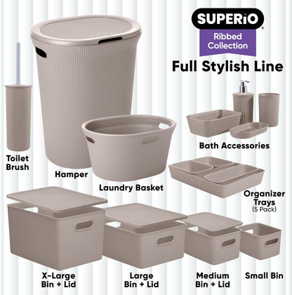 Superio Ribbed Collection - Small Taupe Decorative Plastic Storage Basket | 1.5 Liter Organizer for Home