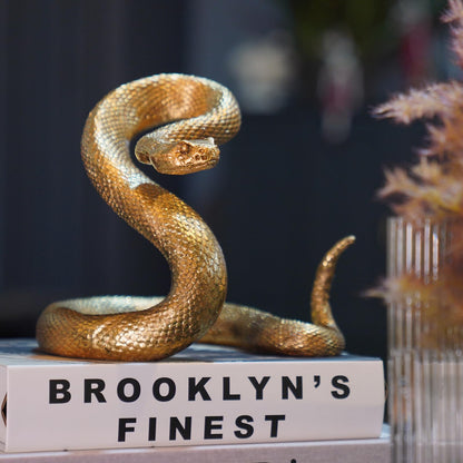 Guichifun Snake Statue Decor Collectible Figurines - Gold Resin Animal Chinese New Year Mascot Home Shelf Office Table Halloween Christmas Decoration 7.25 x 7.25 x 6.5 Inch