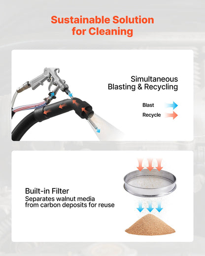 VEVOR Walnut Blaster Kit for Carbon Cleaning, 1200W Sand Blaster with Built-in Vacuum, Extension Nozzle Sandblaster Gun, and 5.5lbs Walnut Shell for Engine Intake Valve Cleaning - 13L