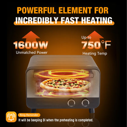 NEWBULIG Pizza Oven Indoor, Electric Pizza Maker Countertop with 6 Presets, Heats to 750°F, 1600W, Makes 12.6'' Pizzas, Includes Stone & Spatula, Touchscreen & Mechanical Control Knobs