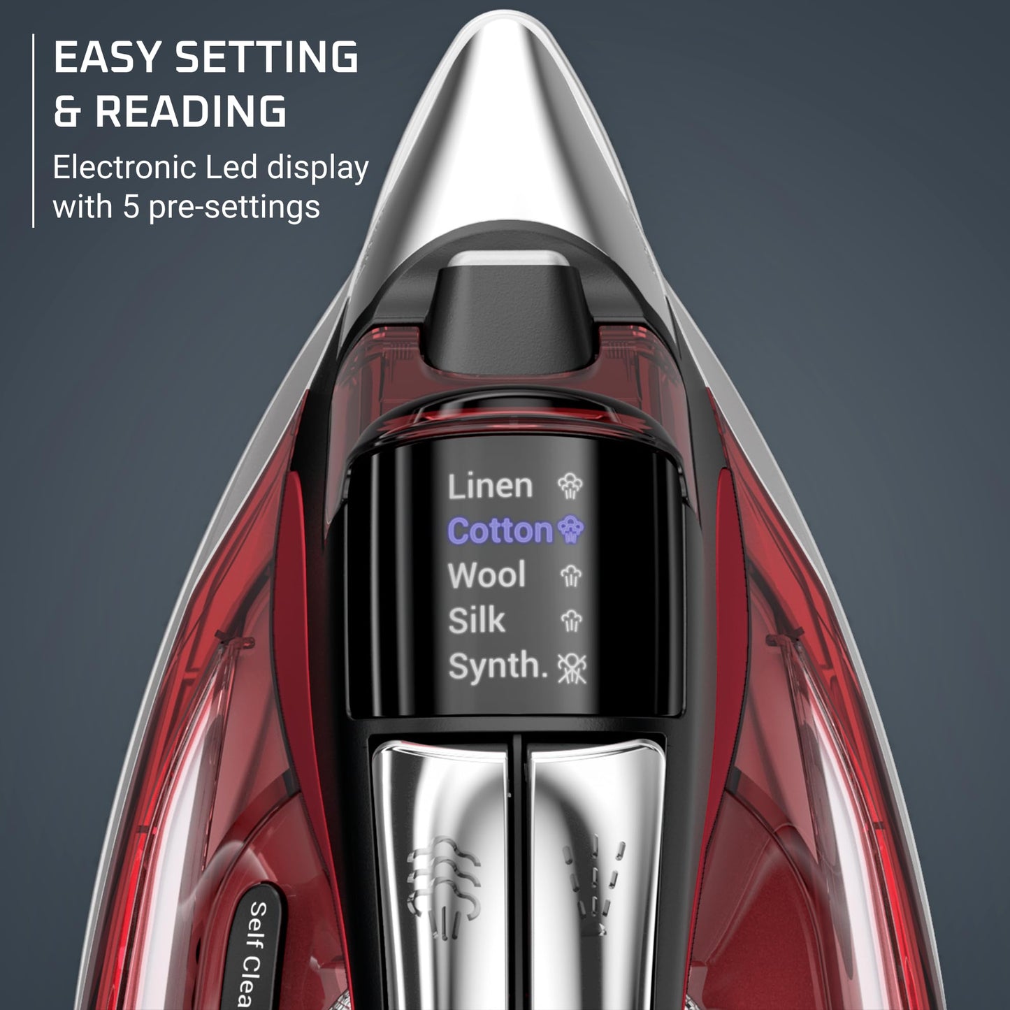 Rowenta Iron, Focus Excellence Stainless Steel Soleplate Steam Iron for Clothes, Retractable Cord, 400+ Microsteam Holes, Powerful steam, LED Display, 1750 W Ironing Clothes, Cordreel, Red DW5433