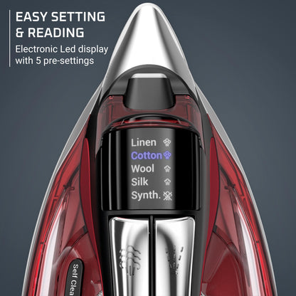 Rowenta Iron, Focus Excellence Stainless Steel Soleplate Steam Iron for Clothes, Retractable Cord, 400+ Microsteam Holes, Powerful steam, LED Display, 1750 W Ironing Clothes, Cordreel, Red DW5433