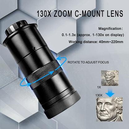 NICE-POWER Digital Microscope with Metal Base, 13MP 1080P HDMI VGA Industrial Microscope Magnifier, 130X Zoom C-Mount HD Lens, LED Ring Light, Soldering Electronic Repair Bench Microscopes